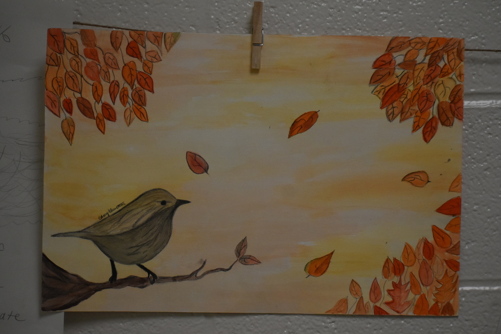 painting of bird and fall leaves